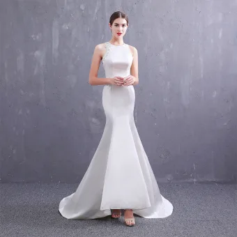 Abordable Ivoire Satin Robe De Mariée 2019 Trompette Sirène Encolure Dégagée Sans Manches Dos Nu Appliques En Dentelle Perlage Perle Train De Balayage