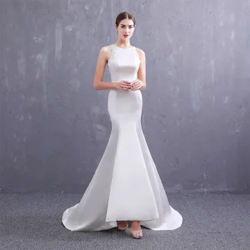 Affordable Ivory Satin Wedding Dresses 2019 Trumpet Mermaid Scoop Neck Sleeveless Backless Appliques Lace Beading Pearl Sweep Train