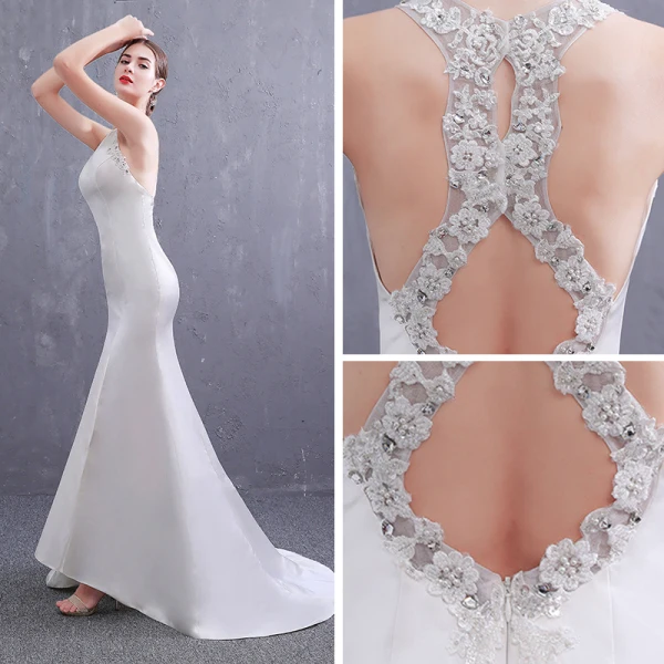 Abordable Ivoire Satin Robe De Mariée 2019 Trompette / Sirène Encolure Dégagée Sans Manches Dos Nu Appliques En Dentelle Perlage Perle Train De Balayage