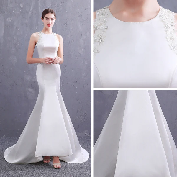 Abordable Ivoire Satin Robe De Mariée 2019 Trompette / Sirène Encolure Dégagée Sans Manches Dos Nu Appliques En Dentelle Perlage Perle Train De Balayage