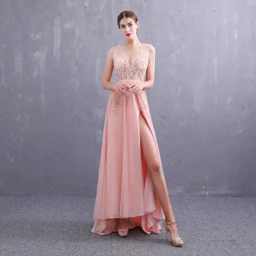 Sexy Pearl Pink Evening Dresses 2019 A Line Princess Deep V Neck Sleeveless Appliques Lace Rhinestone Split Front Sweep Train Ruffle Backless Formal Dresses
