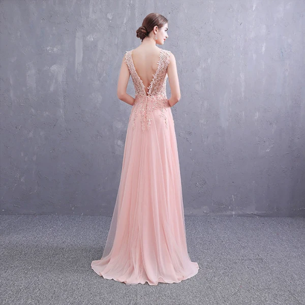 Sexy Perle Rose Robe De Soirée 2019 Princesse Col v profond Sans Manches Appliques En Dentelle Faux Diamant Fendue devant Train De Balayage Volants Dos Nu Robe De Ceremonie