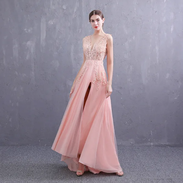 Sexy Perle Rose Robe De Soirée 2019 Princesse Col v profond Sans Manches Appliques En Dentelle Faux Diamant Fendue devant Train De Balayage Volants Dos Nu Robe De Ceremonie