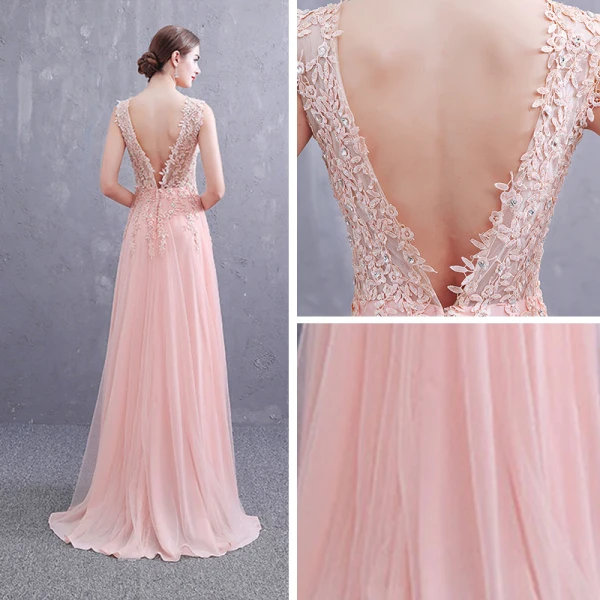 Sexy Perle Rose Robe De Soirée 2019 Princesse Col v profond Sans Manches Appliques En Dentelle Faux Diamant Fendue devant Train De Balayage Volants Dos Nu Robe De Ceremonie