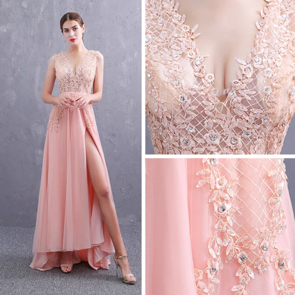 Sexy Perle Rose Robe De Soirée 2019 Princesse Col v profond Sans Manches Appliques En Dentelle Faux Diamant Fendue devant Train De Balayage Volants Dos Nu Robe De Ceremonie