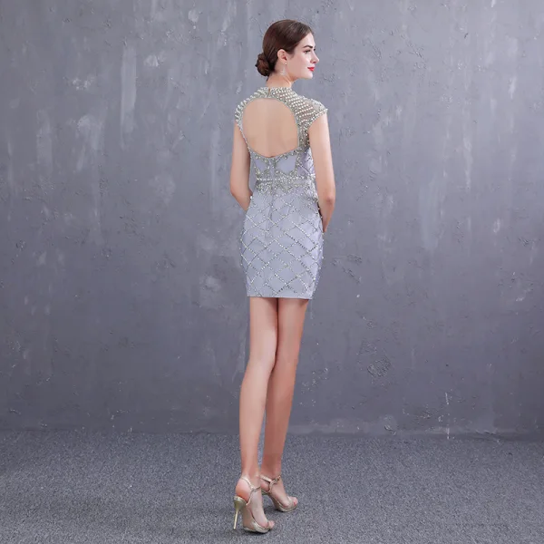 Luxury / Gorgeous Grey Party Dresses 2019 High Neck Sleeveless Beading Pearl Sequins Short Backless Formal Dresses