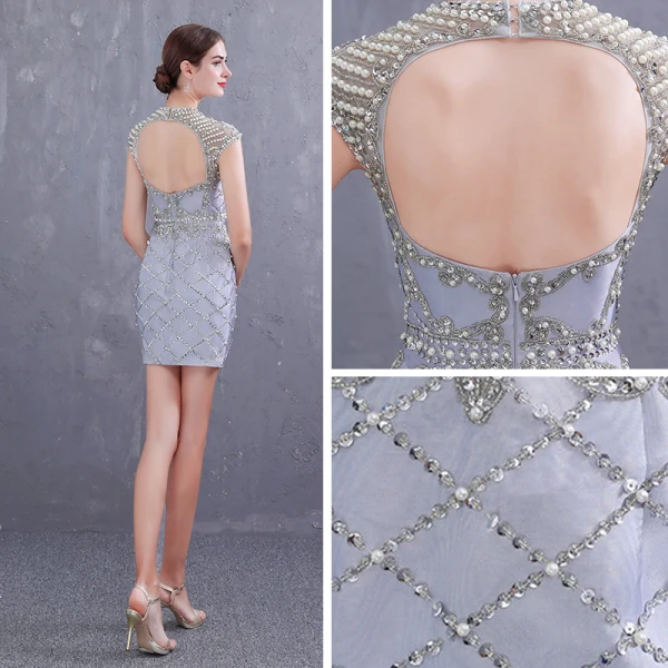 Luxury / Gorgeous Grey Party Dresses 2019 High Neck Sleeveless Beading Pearl Sequins Short Backless Formal Dresses