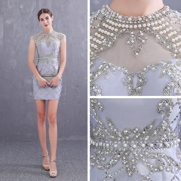 Luxury / Gorgeous Grey Party Dresses 2019 High Neck Sleeveless Beading Pearl Sequins Short Backless Formal Dresses