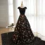 Moderne / Mode Noire Fleur Robe De Bal 2017 Princesse Encolure Dégagée Mancherons Impression Satin Ceinture Longue Dos Nu Robe De Ceremonie