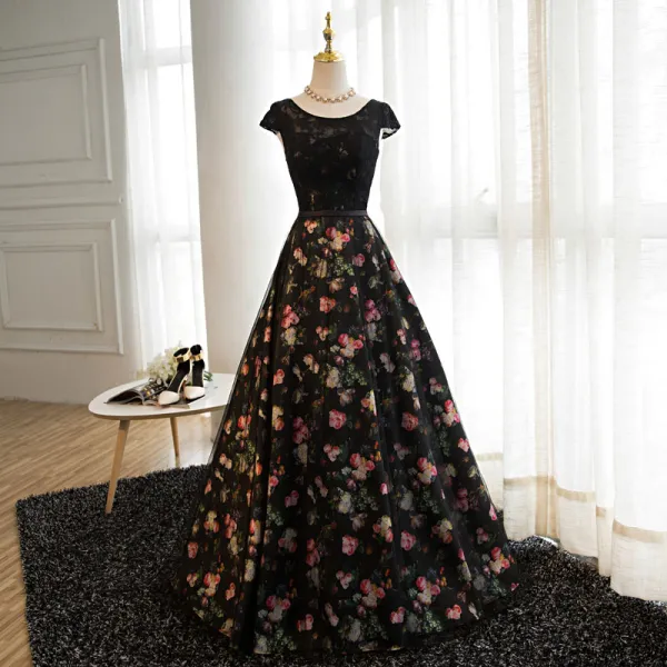 Modern / Fashion Black Flower Prom Dresses 2017 A-Line / Princess Scoop Neck Cap Sleeves Printing Satin Sash Floor-Length / Long Backless Formal Dresses