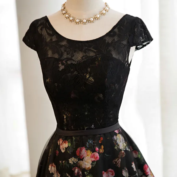 Moderne / Mode Noire Fleur Robe De Bal 2017 Princesse Encolure Dégagée Mancherons Impression Satin Ceinture Longue Dos Nu Robe De Ceremonie