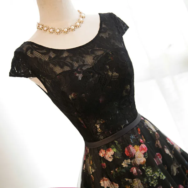 Moderne / Mode Noire Fleur Robe De Bal 2017 Princesse Encolure Dégagée Mancherons Impression Satin Ceinture Longue Dos Nu Robe De Ceremonie