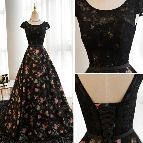 Moderne / Mode Noire Fleur Robe De Bal 2017 Princesse Encolure Dégagée Mancherons Impression Satin Ceinture Longue Dos Nu Robe De Ceremonie