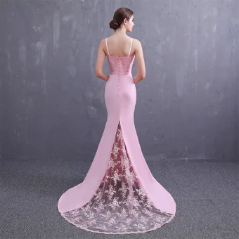 Elegante Candy Roze Satijn Avondjurken 2019 Trompet Zeemeermin Spaghettibandjes Mouwloos Gordel Appliques Kant Kralen Parel Sweep Trein Ruche Ruglooze Gelegenheid Jurken