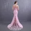 Élégant Rose Bonbon Satin Robe De Soirée 2019 Trompette / Sirène Bretelles Spaghetti Sans Manches Ceinture Appliques En Dentelle Perlage Perle Train De Balayage Volants Dos Nu Robe De Ceremonie
