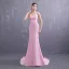 Élégant Rose Bonbon Satin Robe De Soirée 2019 Trompette / Sirène Bretelles Spaghetti Sans Manches Ceinture Appliques En Dentelle Perlage Perle Train De Balayage Volants Dos Nu Robe De Ceremonie