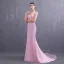 Élégant Rose Bonbon Satin Robe De Soirée 2019 Trompette / Sirène Bretelles Spaghetti Sans Manches Ceinture Appliques En Dentelle Perlage Perle Train De Balayage Volants Dos Nu Robe De Ceremonie