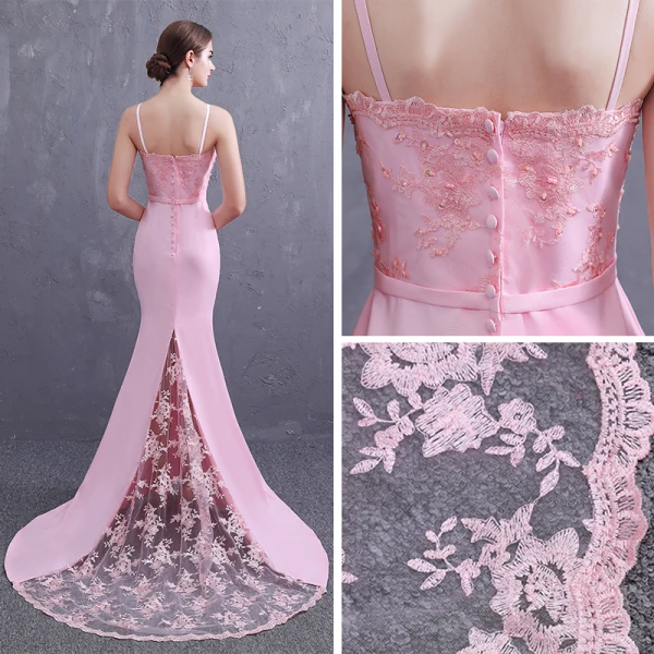 Élégant Rose Bonbon Satin Robe De Soirée 2019 Trompette / Sirène Bretelles Spaghetti Sans Manches Ceinture Appliques En Dentelle Perlage Perle Train De Balayage Volants Dos Nu Robe De Ceremonie