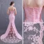 Élégant Rose Bonbon Satin Robe De Soirée 2019 Trompette / Sirène Bretelles Spaghetti Sans Manches Ceinture Appliques En Dentelle Perlage Perle Train De Balayage Volants Dos Nu Robe De Ceremonie
