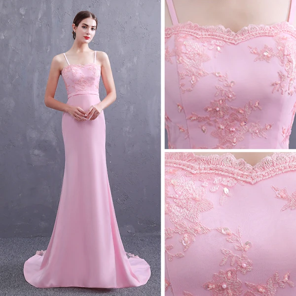 Élégant Rose Bonbon Satin Robe De Soirée 2019 Trompette / Sirène Bretelles Spaghetti Sans Manches Ceinture Appliques En Dentelle Perlage Perle Train De Balayage Volants Dos Nu Robe De Ceremonie