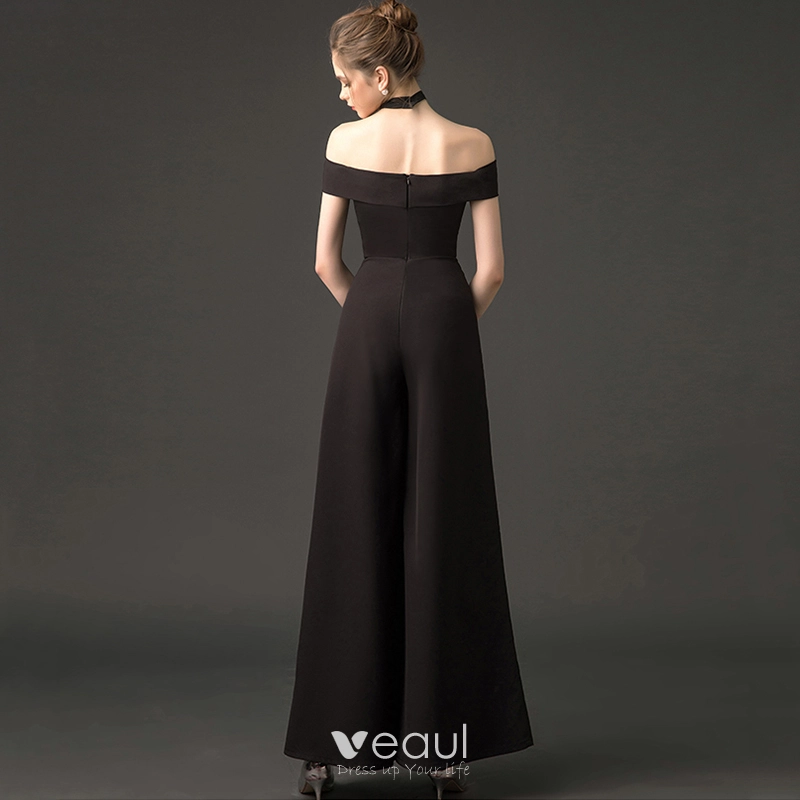 Chic / Beautiful Black Jumpsuit 2019 Off-The-Shoulder Bell sleeves Ankle  Length Backless Evening Dresses