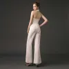 Modern / Fashion Ivory Jumpsuit 2019 Halter Sleeveless Ankle Length Backless Evening Dresses