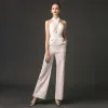 Modern / Fashion Ivory Jumpsuit 2019 Halter Sleeveless Ankle Length Backless Evening Dresses