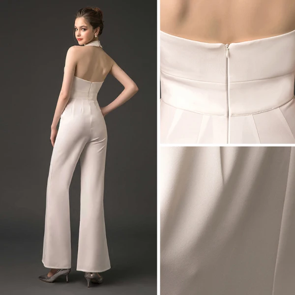 Modern / Fashion Ivory Jumpsuit 2019 Halter Sleeveless Ankle Length Backless Evening Dresses