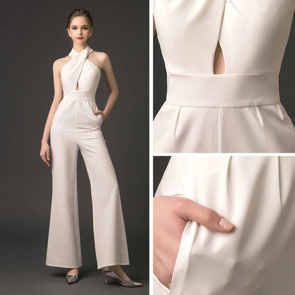 Modern / Fashion Ivory Jumpsuit 2019 Halter Sleeveless Ankle Length Backless Evening Dresses
