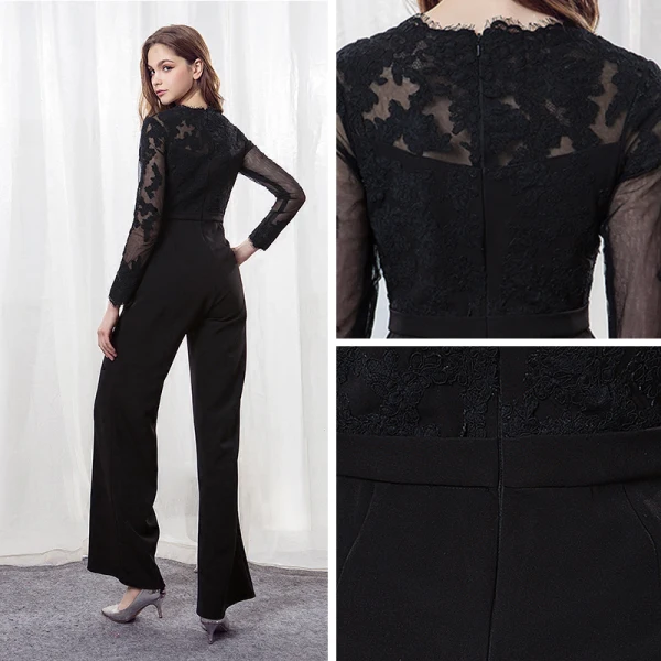 Élégant Noire Transparentes Combinaison 2019 V-Cou Manches Longues Appliques En Dentelle Ceinture Longueur Cheville Robe De Soirée