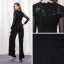Élégant Noire Transparentes Combinaison 2019 V-Cou Manches Longues Appliques En Dentelle Ceinture Longueur Cheville Robe De Soirée