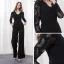 Élégant Noire Transparentes Combinaison 2019 V-Cou Manches Longues Appliques En Dentelle Ceinture Longueur Cheville Robe De Soirée
