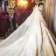 Luxus / Herrlich Champagner Durchsichtige Brautkleider / Hochzeitskleider 2019 A Linie Rundhalsausschnitt Kurze Ärmel Rückenfreies Applikationen Spitze Perlenstickerei Kathedrale Schleppe Rüschen