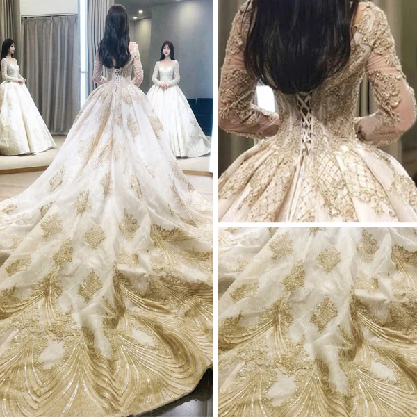 Luxus / Herrlich Champagner Durchsichtige Brautkleider / Hochzeitskleider 2019 A Linie Rundhalsausschnitt Kurze Ärmel Rückenfreies Applikationen Spitze Perlenstickerei Kathedrale Schleppe Rüschen