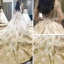 Luxus / Herrlich Champagner Durchsichtige Brautkleider / Hochzeitskleider 2019 A Linie Rundhalsausschnitt Kurze Ärmel Rückenfreies Applikationen Spitze Perlenstickerei Kathedrale Schleppe Rüschen