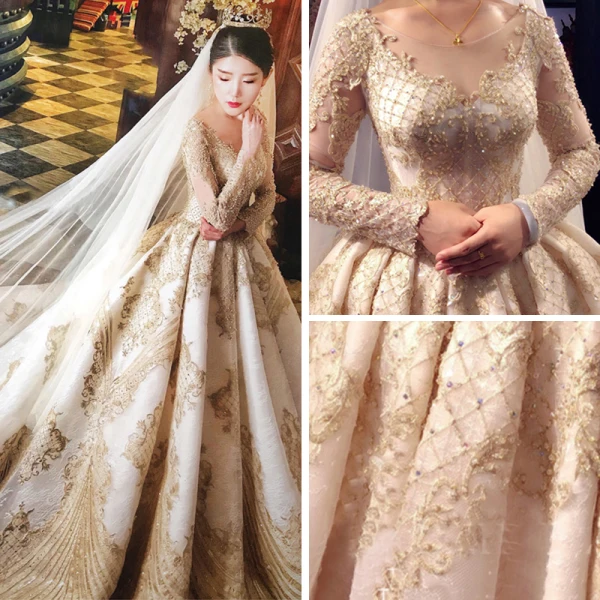 Luxus / Herrlich Champagner Durchsichtige Brautkleider / Hochzeitskleider 2019 A Linie Rundhalsausschnitt Kurze Ärmel Rückenfreies Applikationen Spitze Perlenstickerei Kathedrale Schleppe Rüschen