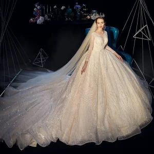 Bling Bling Champagne See Through Wedding Dresses 2019 A Line Princess Scoop Neck Long Sleeve Backless Beading Pearl Glitter Sequins Cathedral Train Ruffle