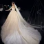Bling Bling Champagner Durchsichtige Brautkleider / Hochzeitskleider 2019 A Linie Rundhalsausschnitt Lange Ärmel Rückenfreies Perlenstickerei Perle Glanz Pailletten Kathedrale Schleppe Rüschen