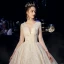 Bling Bling Champagner Durchsichtige Brautkleider / Hochzeitskleider 2019 A Linie Rundhalsausschnitt Lange Ärmel Rückenfreies Perlenstickerei Perle Glanz Pailletten Kathedrale Schleppe Rüschen