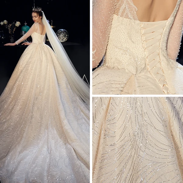 Bling Bling Champagner Durchsichtige Brautkleider / Hochzeitskleider 2019 A Linie Rundhalsausschnitt Lange Ärmel Rückenfreies Perlenstickerei Perle Glanz Pailletten Kathedrale Schleppe Rüschen