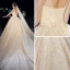 Bling Bling Champagner Durchsichtige Brautkleider / Hochzeitskleider 2019 A Linie Rundhalsausschnitt Lange Ärmel Rückenfreies Perlenstickerei Perle Glanz Pailletten Kathedrale Schleppe Rüschen
