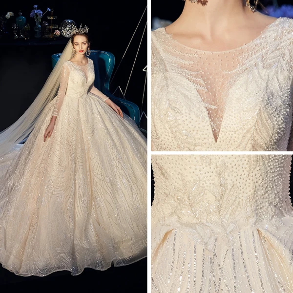 Bling Bling Champagner Durchsichtige Brautkleider / Hochzeitskleider 2019 A Linie Rundhalsausschnitt Lange Ärmel Rückenfreies Perlenstickerei Perle Glanz Pailletten Kathedrale Schleppe Rüschen