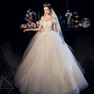 Beste Champagne Organza Hage Utendørs Brudekjoler 2019 Prinsesse Av Skulderen Korte Ermer Ryggløse Paljetter Beading Lange Buste