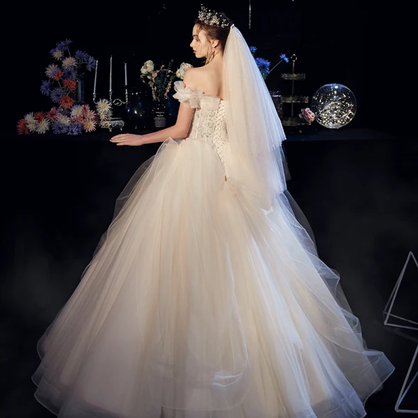 Best Champagne Organza Outdoor / Garden Wedding Dresses 2019 A-Line / Princess Off-The-Shoulder Short Sleeve Backless Sequins Beading Floor-Length / Long Ruffle