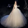 Modest / Simple Champagne Organza Corset Wedding Dresses 2019 Ball Gown Strapless Sleeveless Backless Cathedral Train Ruffle