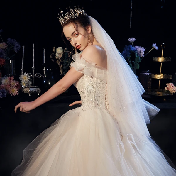 Best Champagne Organza Outdoor / Garden Wedding Dresses 2019 A-Line / Princess Off-The-Shoulder Short Sleeve Backless Sequins Beading Floor-Length / Long Ruffle