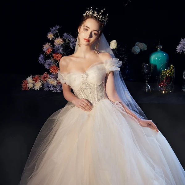 Best Champagne Organza Outdoor / Garden Wedding Dresses 2019 A-Line / Princess Off-The-Shoulder Short Sleeve Backless Sequins Beading Floor-Length / Long Ruffle