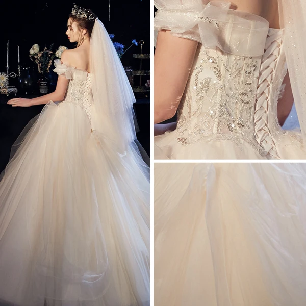 Best Champagne Organza Outdoor / Garden Wedding Dresses 2019 A-Line / Princess Off-The-Shoulder Short Sleeve Backless Sequins Beading Floor-Length / Long Ruffle