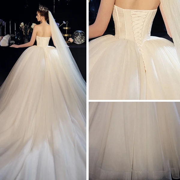 Modest / Simple Champagne Organza Corset Wedding Dresses 2019 Ball Gown Strapless Sleeveless Backless Cathedral Train Ruffle