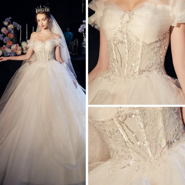 Best Champagne Organza Outdoor / Garden Wedding Dresses 2019 A-Line / Princess Off-The-Shoulder Short Sleeve Backless Sequins Beading Floor-Length / Long Ruffle